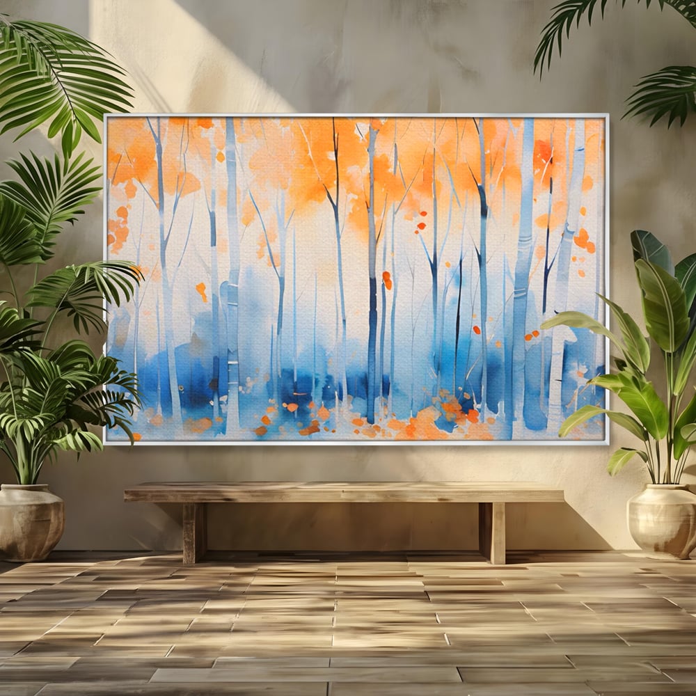 Tablou canvas cu pictura orizontala cu padure de toamna, in rama de aluminiu argintiu